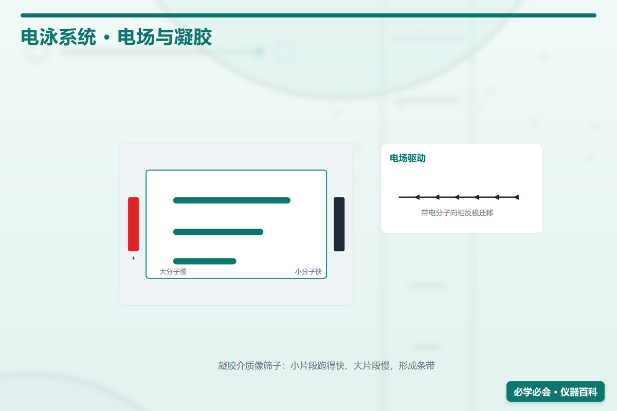 电泳系统原理图:电泳槽电场驱动 + 琼脂糖/聚丙烯酰胺凝胶筛分 + DNA向正极迁移