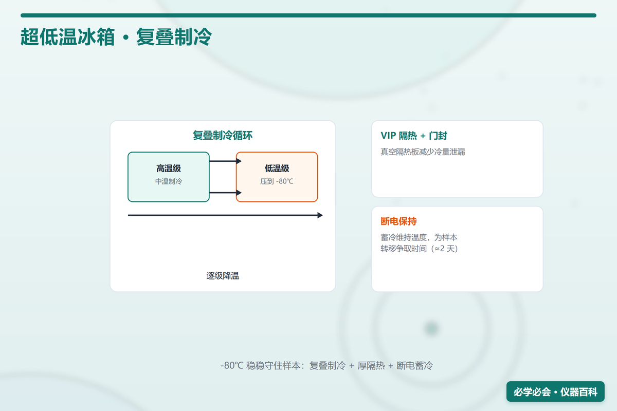 超低温冰箱复叠式制冷原理图:高温级回路 + 低温级回路 + VIP 绝热 + 风冷对流