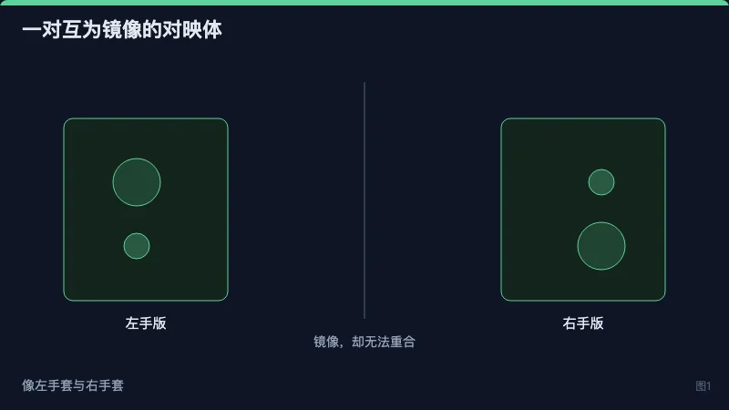 图1：一对互为镜像的手性分子，左手版与右手版不可重合