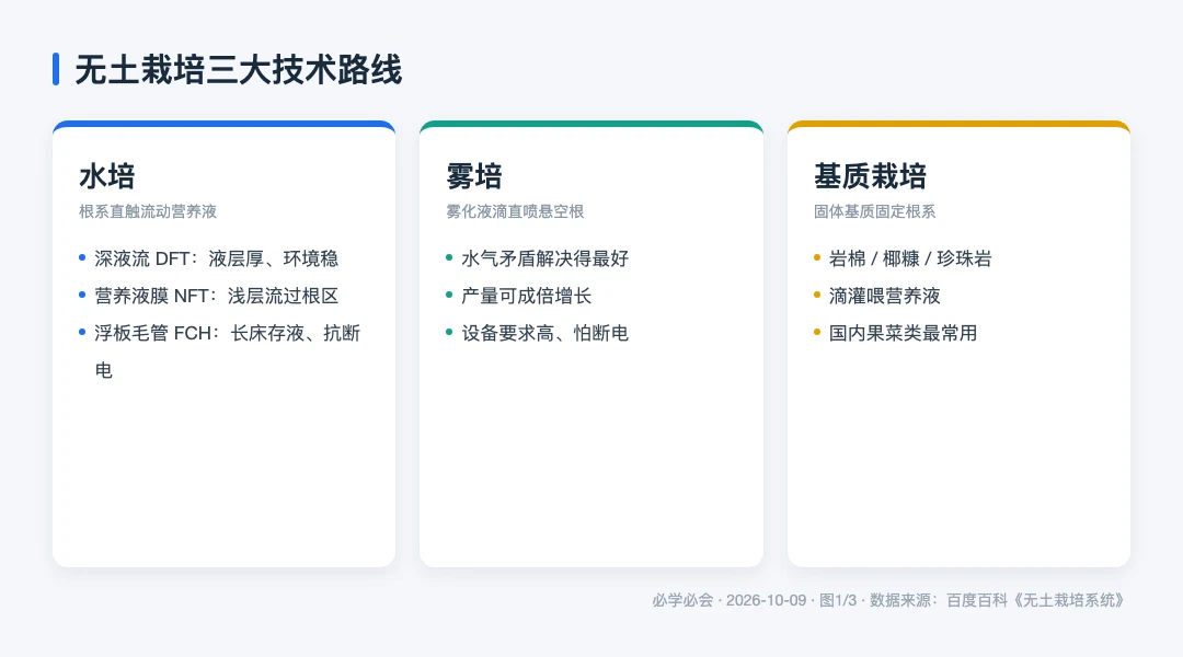 图1：无土栽培三大技术路线——水培、雾培与基质栽培