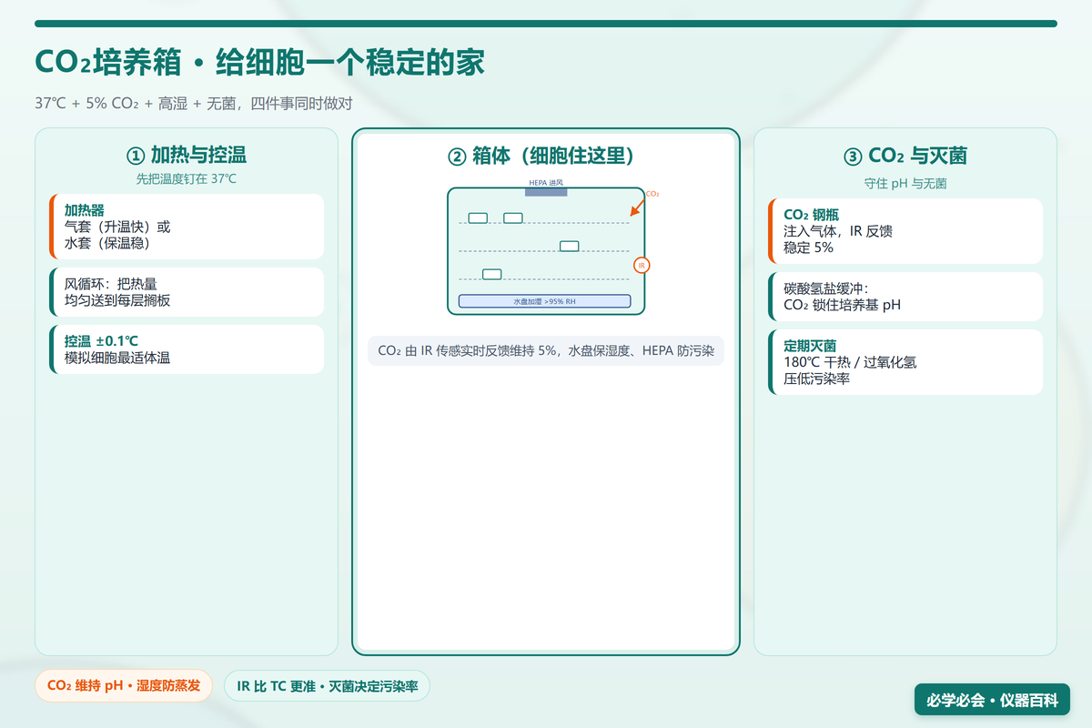 CO₂培养箱原理图:水套/气套温控 + IR/TC 二氧化碳传感 + 水槽湿度 + HEPA 循环