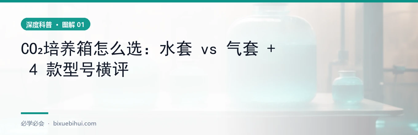 CO₂培养箱原理图：水套/气套温控 + IR/TC 二氧化碳传感 + 水槽湿度 + HEPA 循环