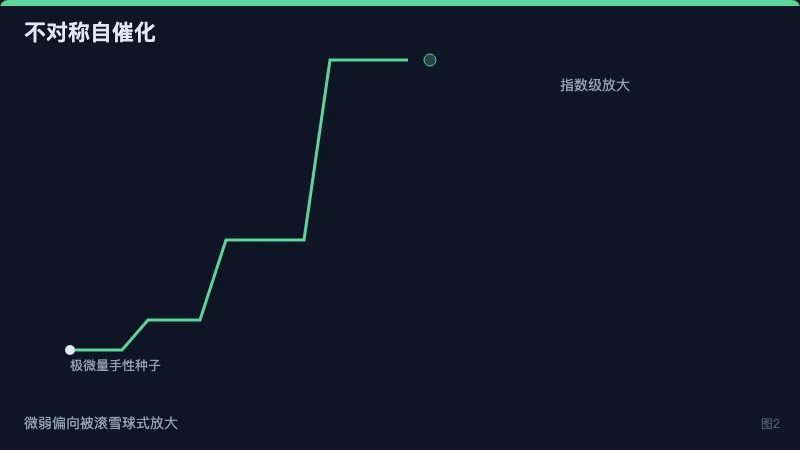 图2：极微量手性种子通过自催化被指数级放大为单一手性