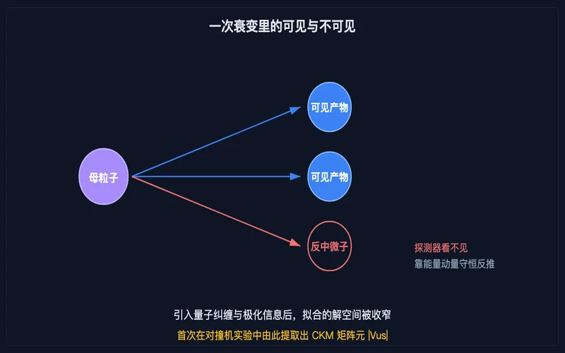 图示:一次衰变中的可见产物与不可见的反中微子,后者只能靠守恒律反推