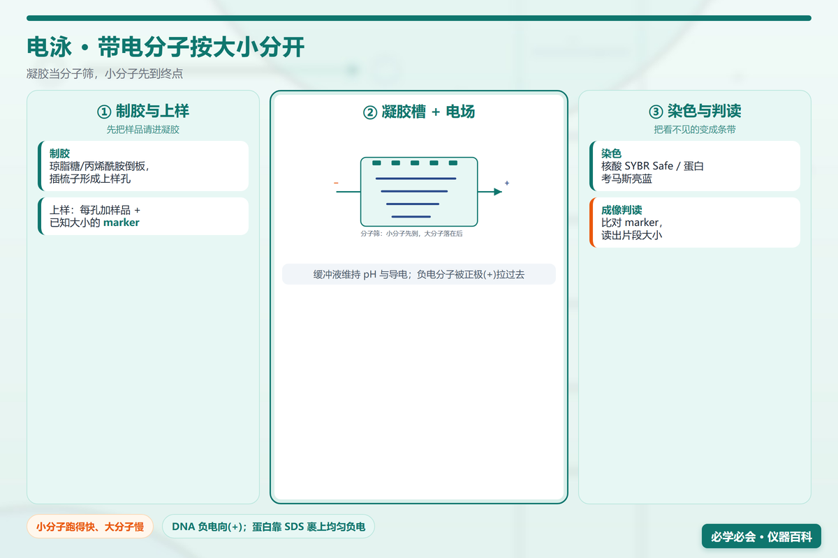 电泳系统原理图：电泳槽电场驱动 + 琼脂糖/聚丙烯酰胺凝胶筛分 + DNA向正极迁移