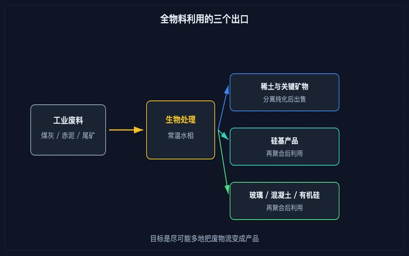 图示：全物料利用的三个出口：稀土与关键矿物、硅基产品、建材原料