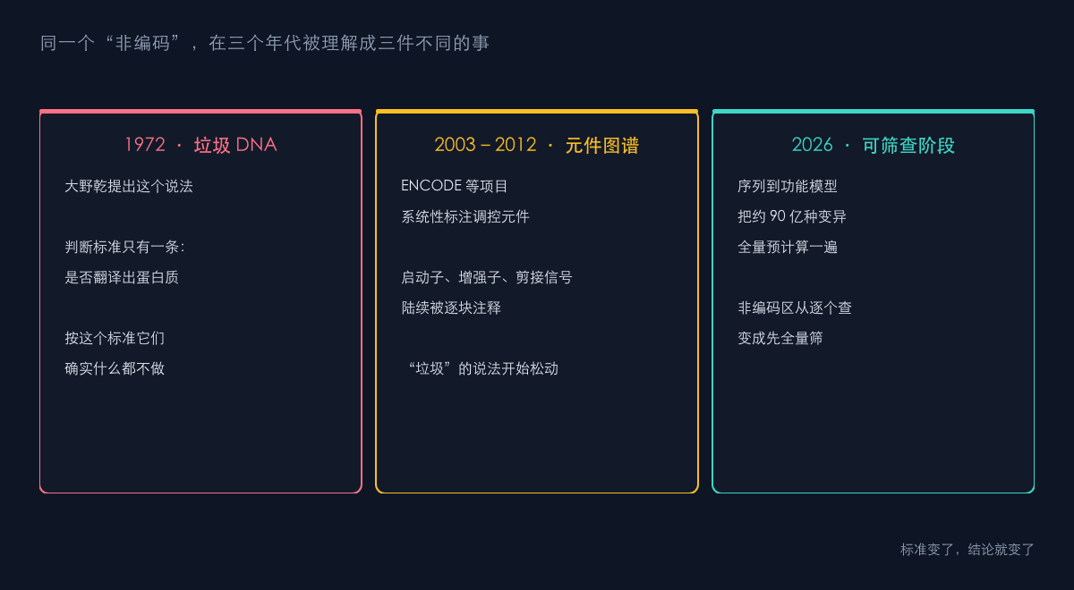 图1：非编码区功能的三种认识阶段