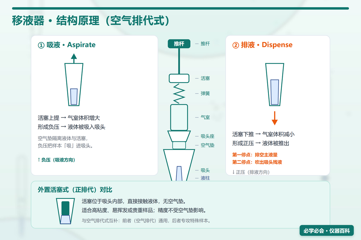 移液器工作原理图：空气排代式结构 + 吸液/排液流程