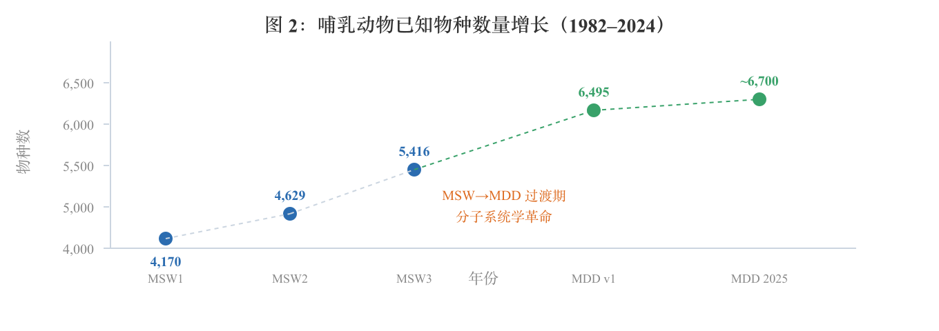 图 2：哺乳动物已知物种数量增长（1982–2024）