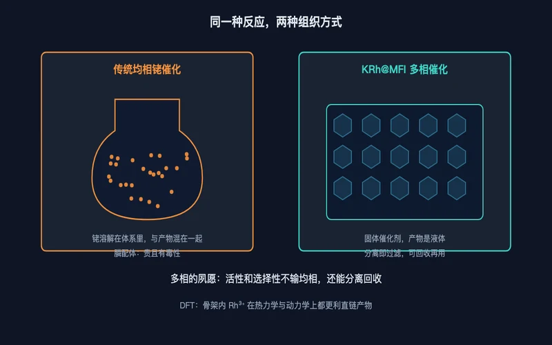 图2：传统均相铑催化（左）与 KRh@MFI 多相催化（右）的组织方式对比