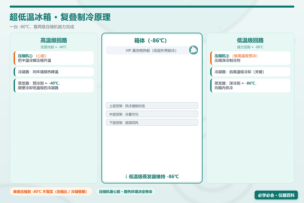 超低温冰箱复叠式制冷原理图:高温级回路 + 低温级回路 + VIP 绝热 + 风冷对流