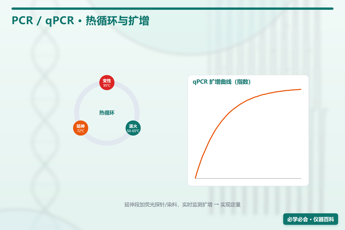 PCR/qPCR 工作原理图：三温循环 + 实时荧光监测与 Ct 值