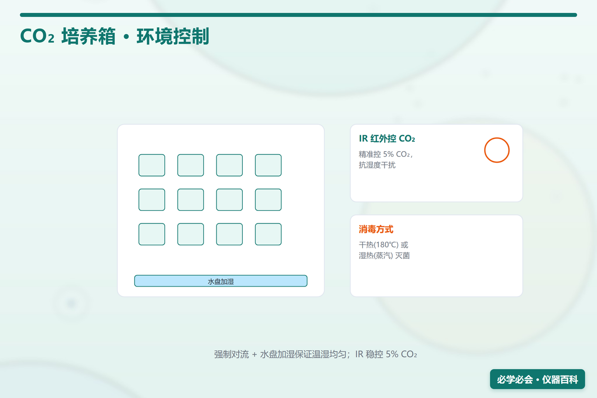 CO₂培养箱原理图：水套/气套温控 + IR/TC 二氧化碳传感 + 水槽湿度 + HEPA 循环